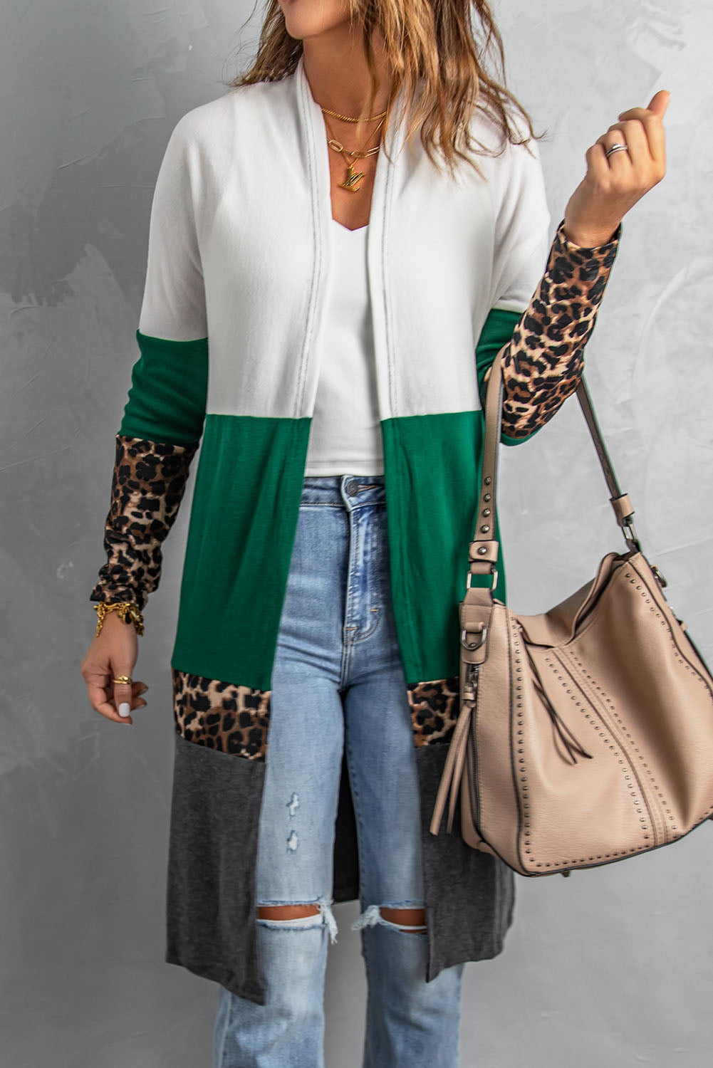 Leopard Color Block Open Front Longline Cardigan Sweater