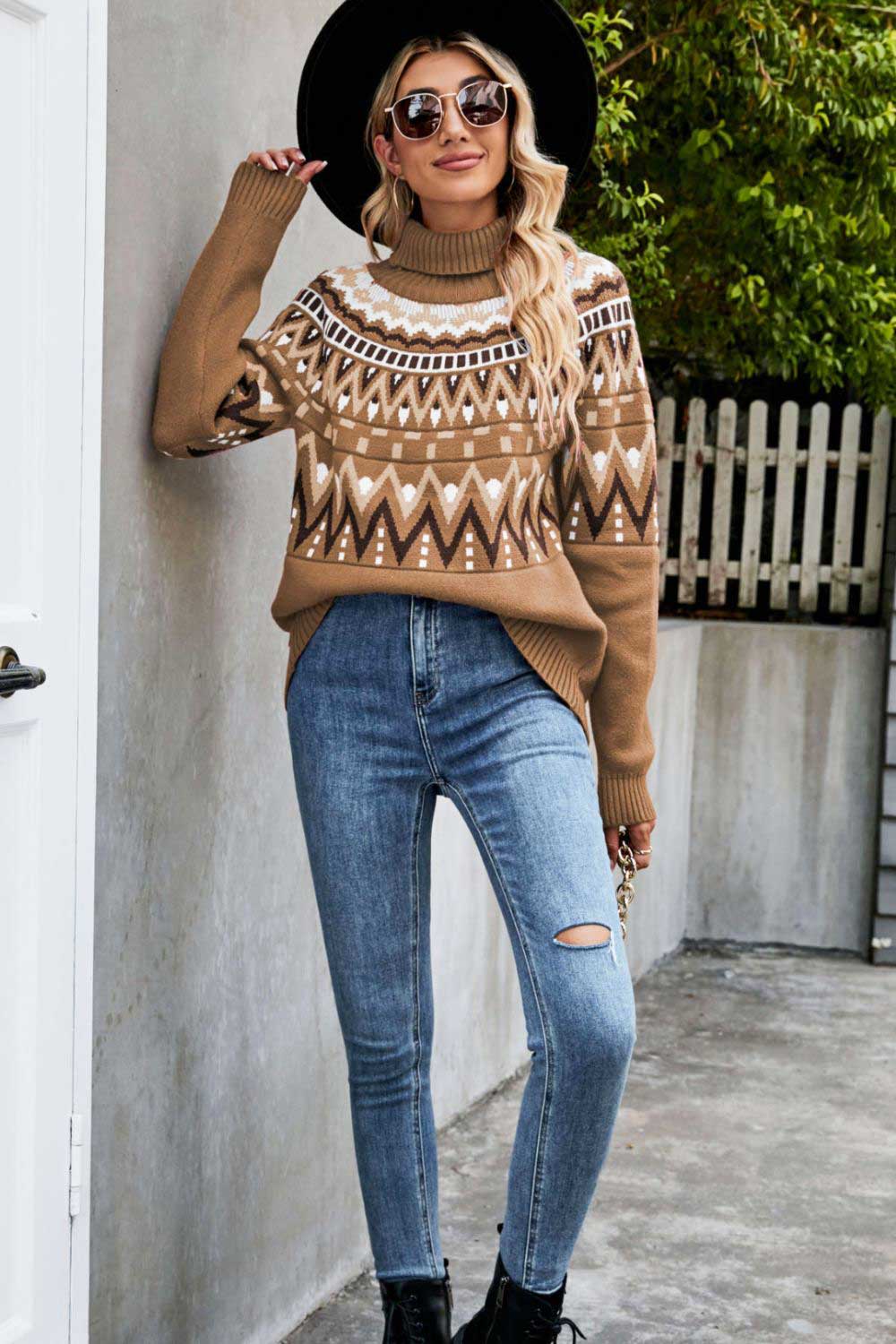 Chevron Turtleneck Ribbed Trim Sweater