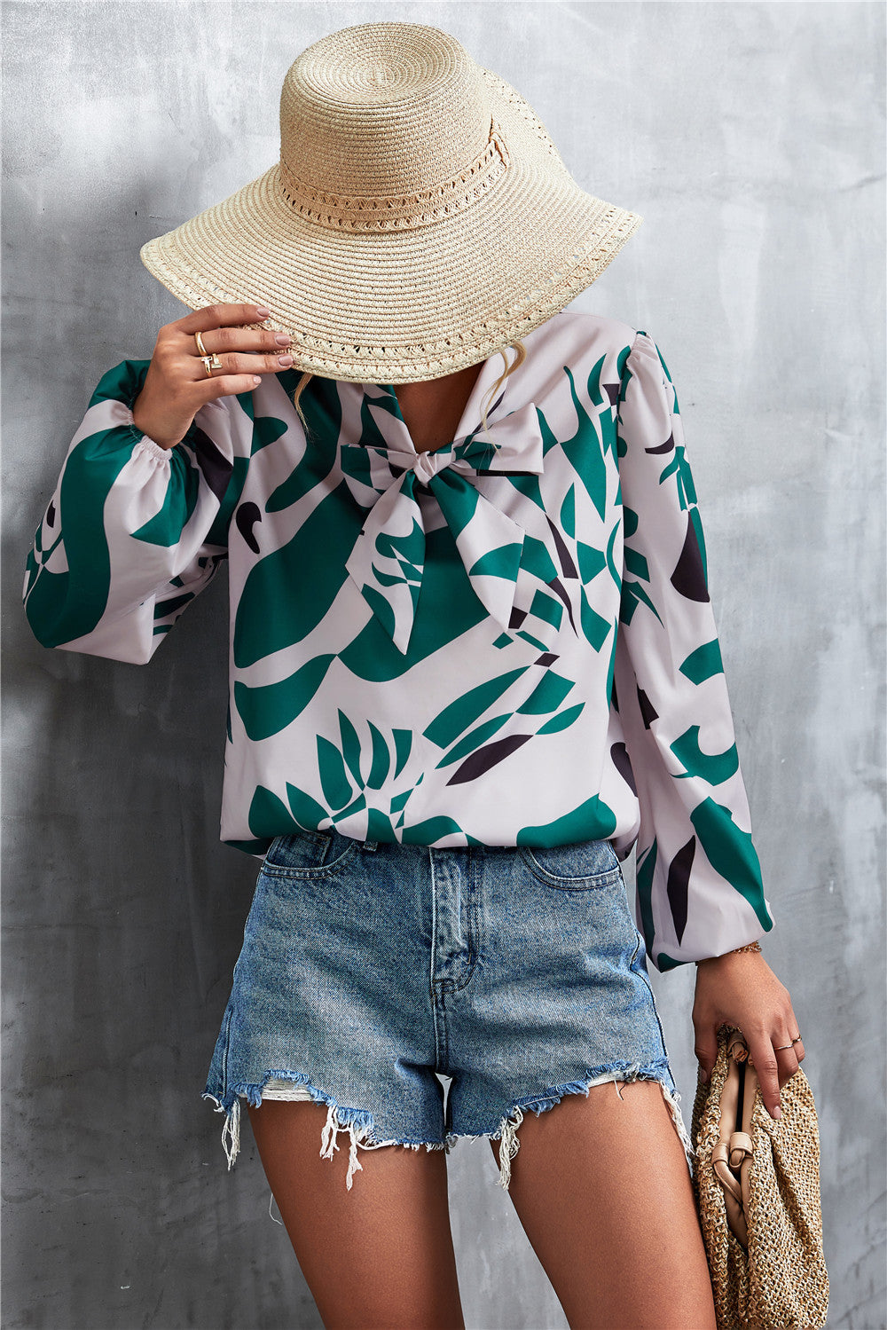 Printed Tie Neck Puff Sleeve Blouse