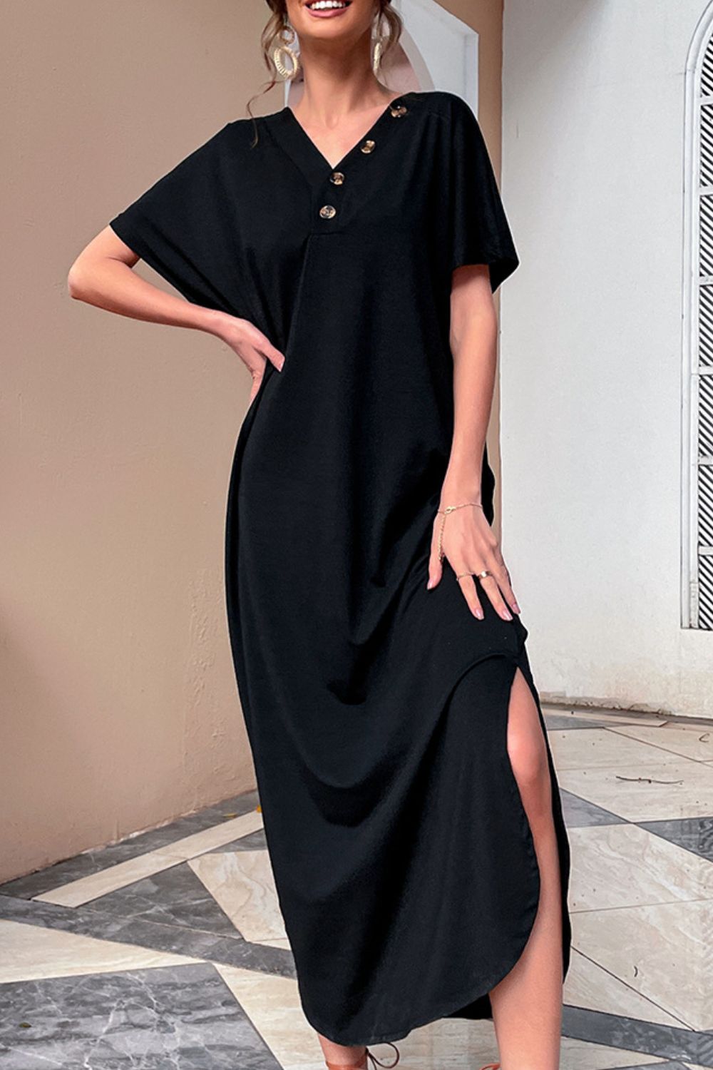 Black Button V-Neck Slit Maxi Dress
