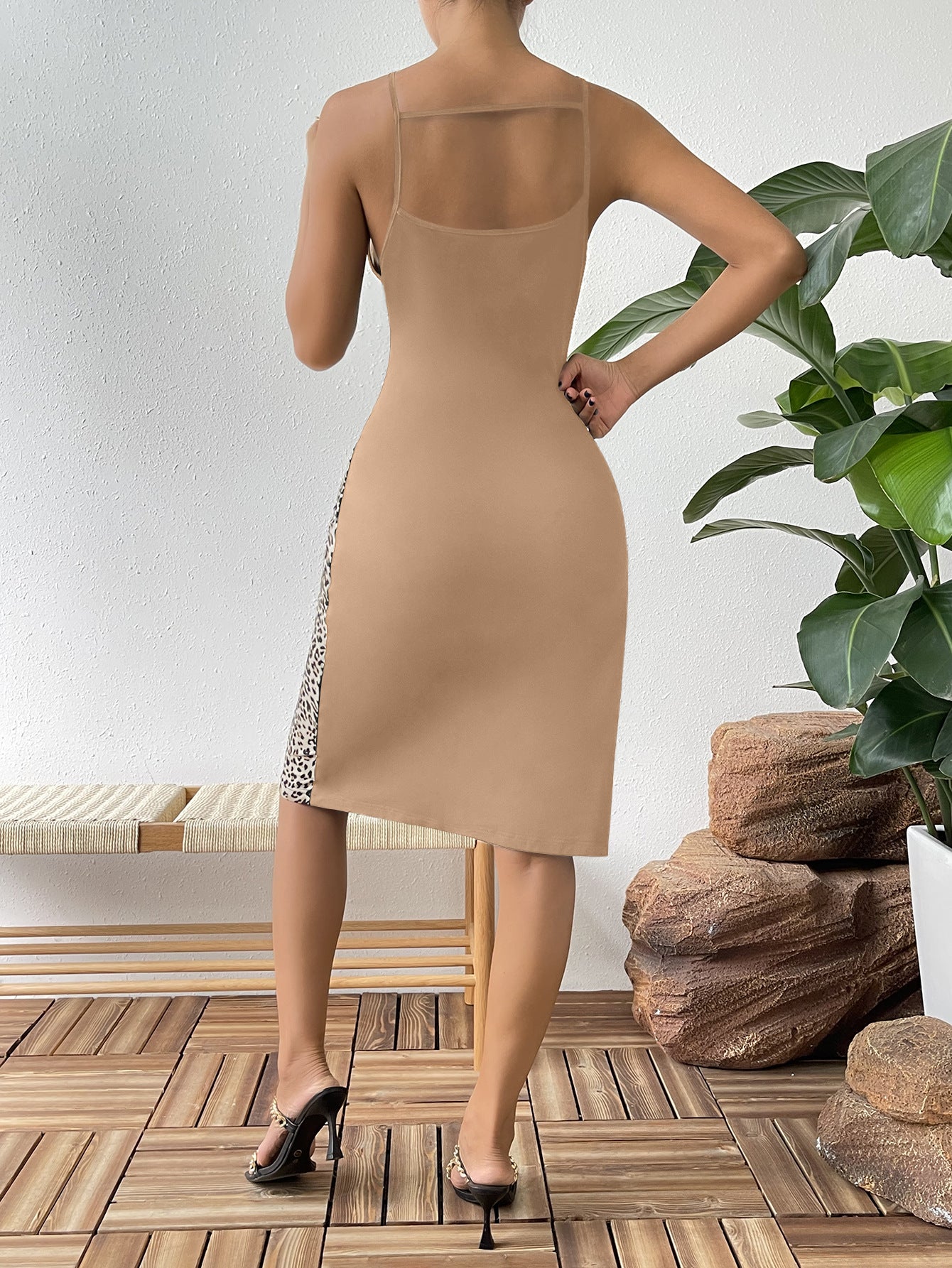 Leopard Color Block Cutout Sleeveless Knee-Length Dress